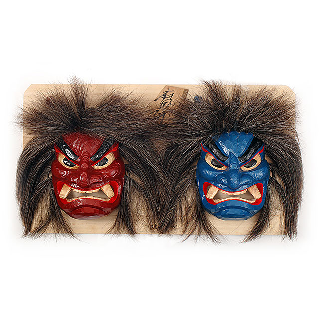 【受注生産】石川千秋作 壁掛け用なまはげ木彫り面 二面板付き 8号