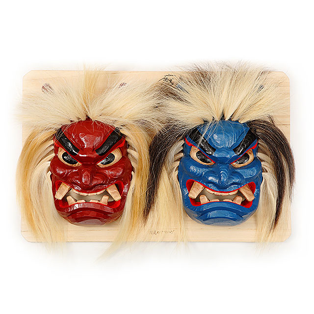【受注生産】石川千秋作 壁掛け用なまはげ木彫り面 二面板付き 9号